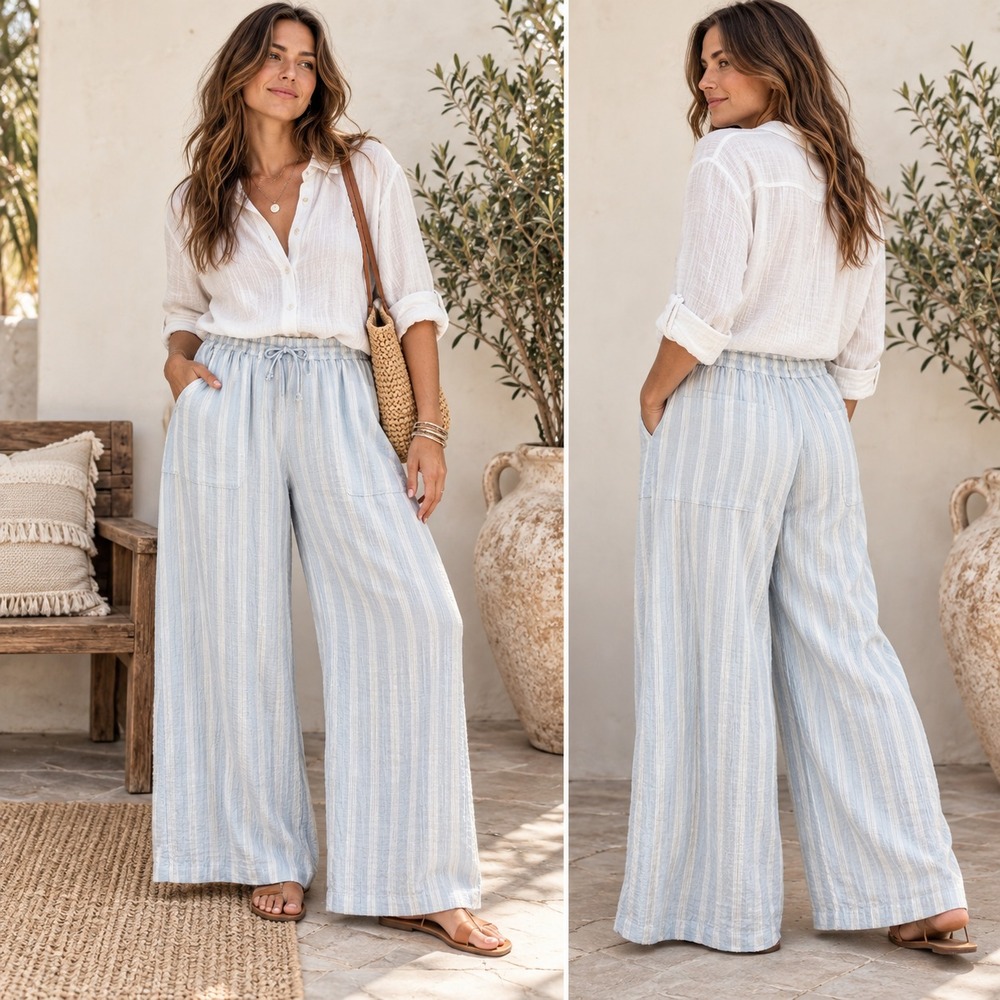 Lucky Brand Cotton Gauze Wide Leg Pants Women's Medium Blue White Striped NWT